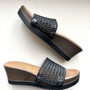Chula Black Mesh Slide Sandals w/ Wedge Heels‎ & Interchangeable Strap Size 9
